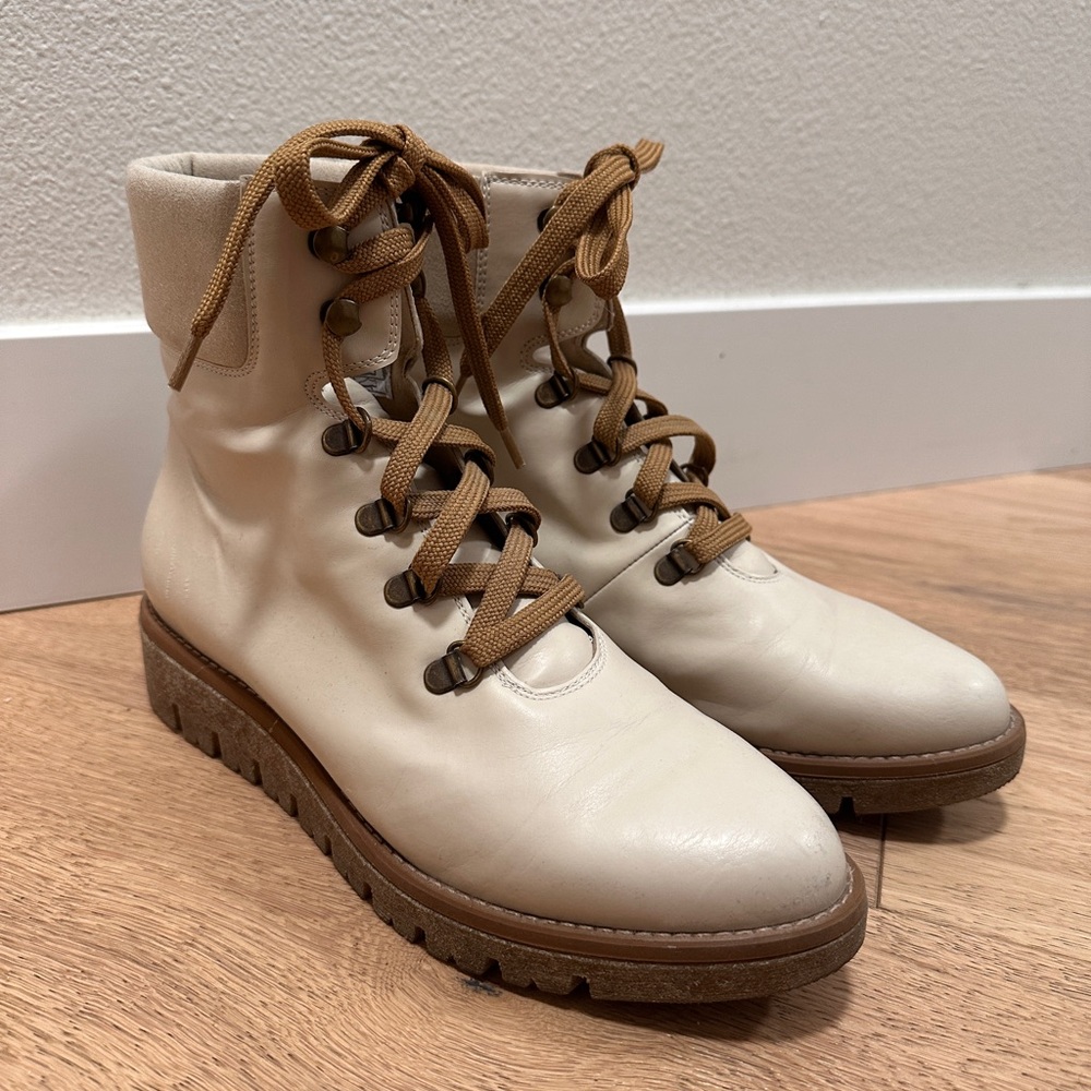 Bhava Vegan Leather Ranger Hiker Boot: Women's Ivory and Tan Lace-Up Boots